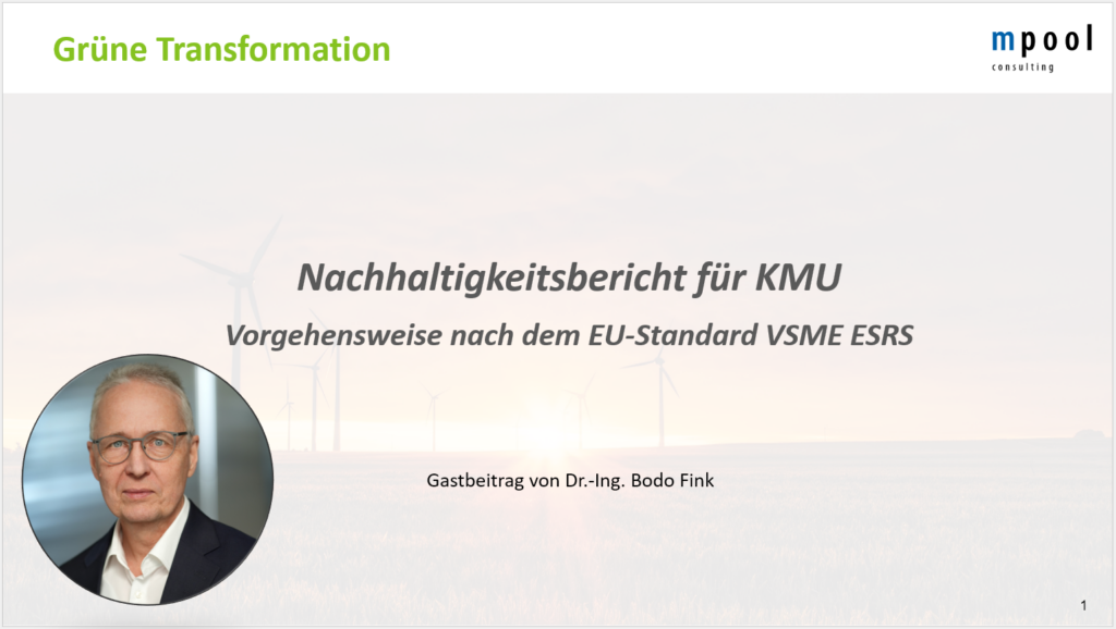 Bodo Fink vor einem virtuellen Hintergrund mit dem Titel "Nachhaltigkeitsbericht für KMU"