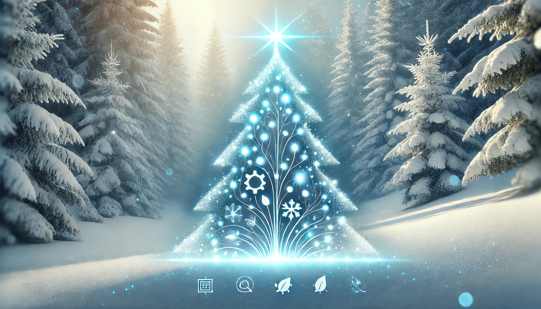 KI-generiertes Bild eines Holograms eines Weihnachtsbaumes in einem winterlichen Wald